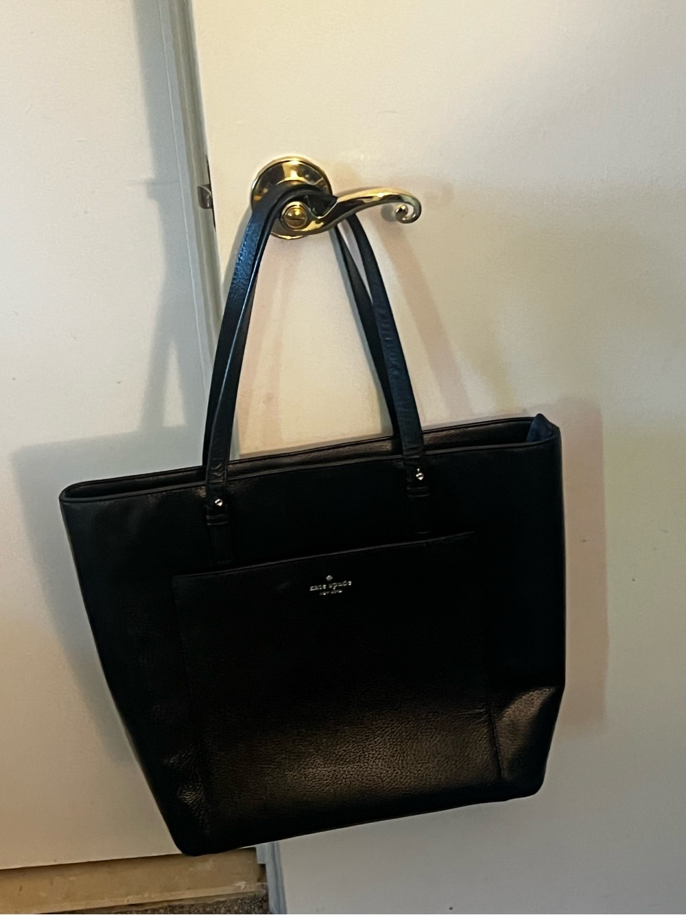kate spade Black Leather Structured Tote with Front Pocket